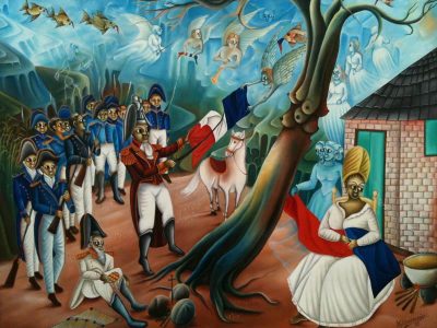 Dessalines Ripping the White from the Flag.” The painting is by Haitian artist Madsen Mompremier (b.1952