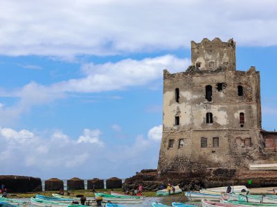 fishing boats and old ruin in mogadishu somalia