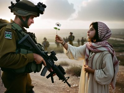 A digitally generated image of a Palestinian woman extending a flower to an Israeli IDF soldier as a gesture of peace.